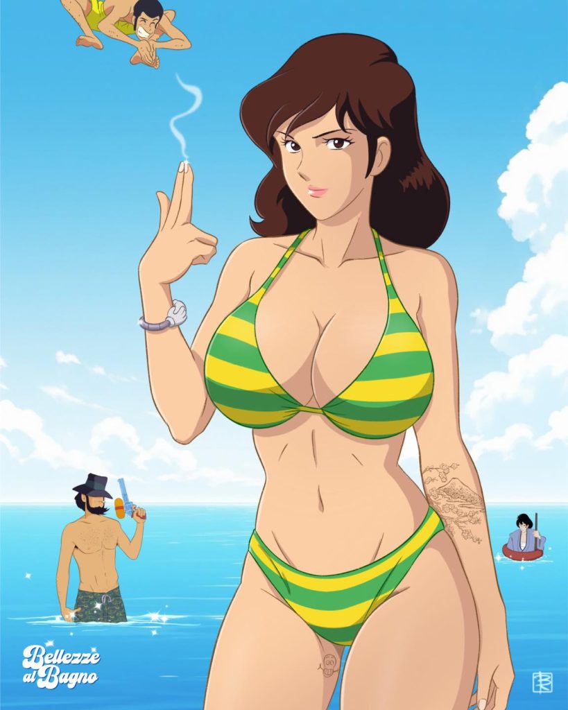 Illustrazione digitale di Fujiko Mine in bikini a righe verdi e gialle che forma una pistola con la mano, con Lupin III e Jigen sullo sfondo in mare.