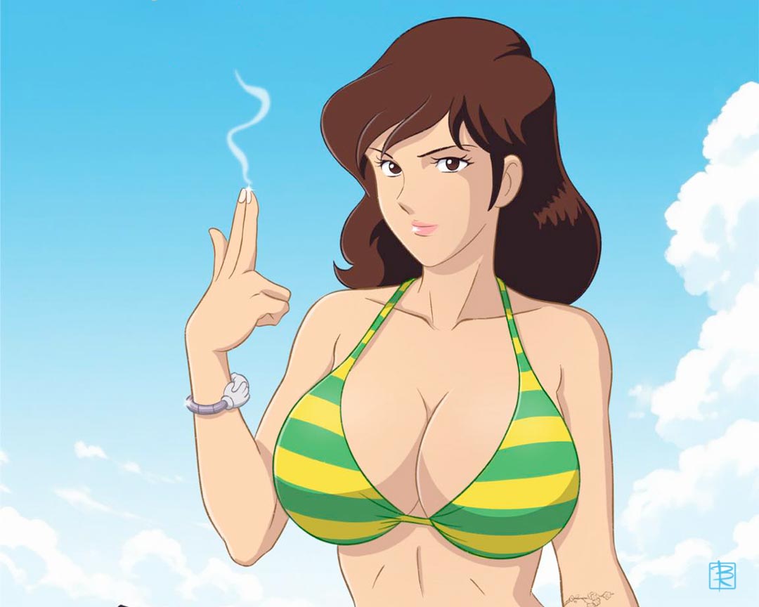 Illustrazione digitale di Fujiko Mine in bikini a righe verdi e gialle che forma una pistola con la mano, con Lupin III e Jigen sullo sfondo in mare.